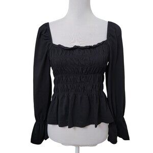 H&M Size S Black Smocked Square Neck Long Sleeve Top, Exc. Used Cond.  Like New